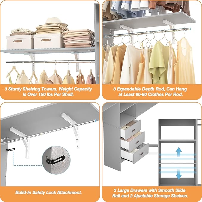 8FT Closet System, 96'' Closet Organizer System with 3 Hanging Rods, Wall Mount Bedroom Wardrobe with 3 Drawers Walk-in Closet, Adjustable Cloth Garment Rack from 5 to 8FT (Cut to Fit), Grey
