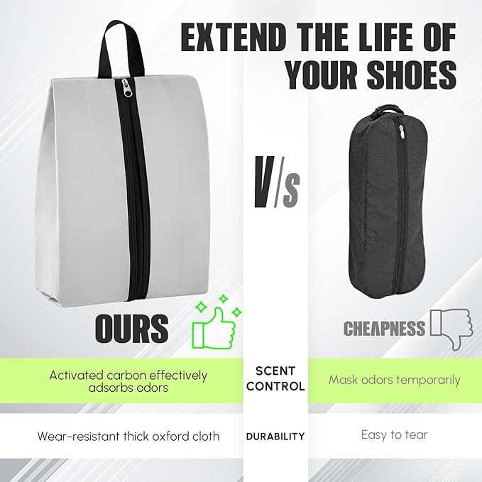 2 Pack Smell Proof Shoe Cleat Bag for Travel Water-resistant Odor Absorbing Lightweight Golf Soccer Shoe Storage Organizer Pouch with Zipper Dust-proof for Gym Sports Work (Black, Light Grey)