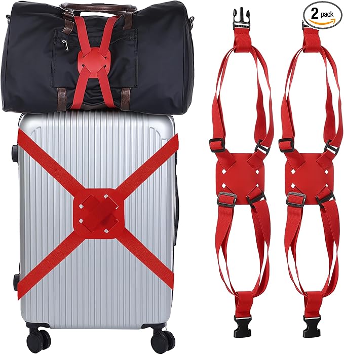 Adjustable Luggage Straps, Suitcase Elastic Strap Bag Bungee with Buckles Travel Accessories - Fitting for(Travel/Add A Bag/Securing Luggage), 27-66 Inch & 2Pcs & Red