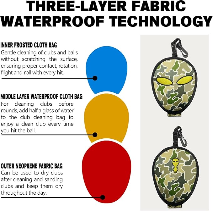 Golf Club Cleaner & Ball Cleaning Bag,Original Three-Layer Fabric Waterproof Technology,Golfer's Ultimate Green Clean Scrub Equipment Accessories,Removable Clips to Support Machine Washing