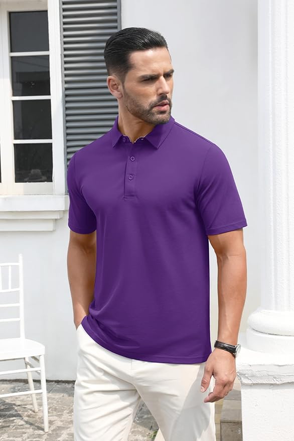 MAGCOMSEN Men's Polo Shirts Short Sleeve Cotton Pique 3 Button Classic Fit Casual T-Shirt Performance Golf Shirts