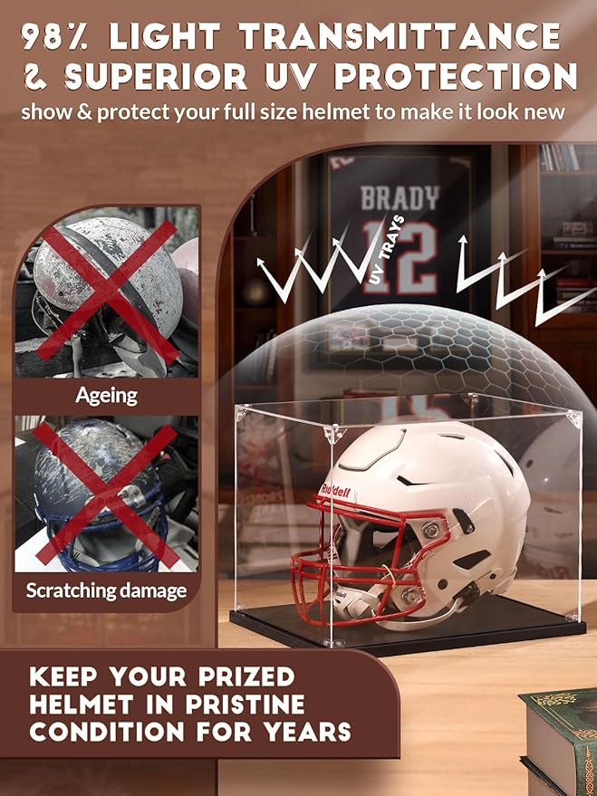 JupDec Football Helmet Display Case, Full Size Acrylic Baseball Motorcycle Helmet Showcase, UV Protection Souvenirs and Collectibles Box with Solid Wood Base & Riser, Ideal Gift for Sports Fans, Black