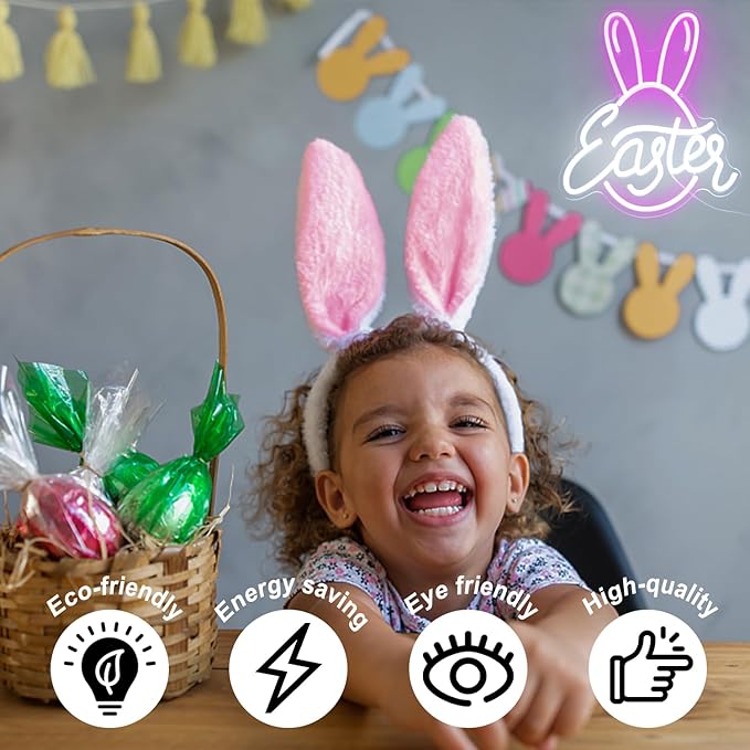 Easter Bunny Egg Neon Sign Pink Rabbit Ears Neon Light Easter Day LED Neon Signs for Wall Neon Lights Signs for Bedroom Bar Party Decor Kid Gift