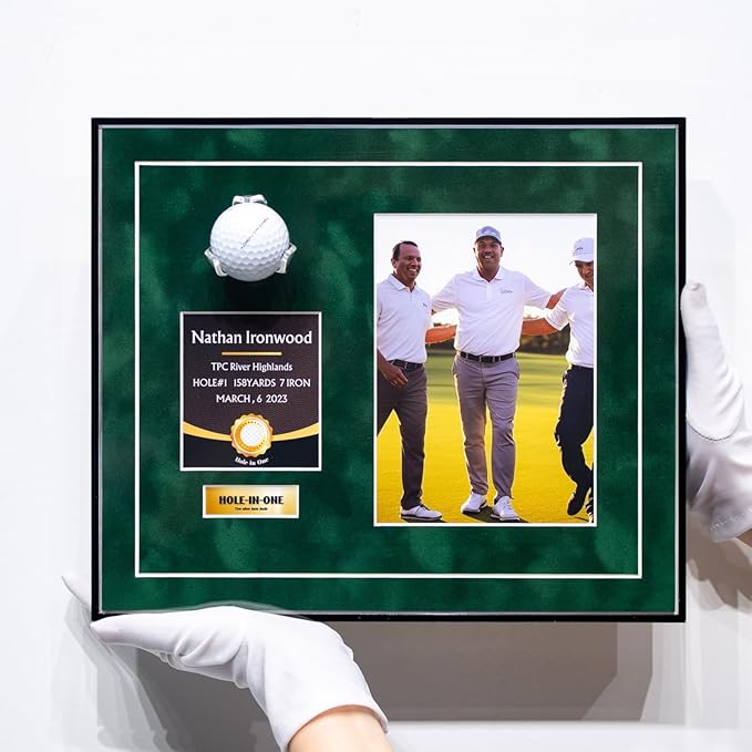 One-Shot Victory Golf Ball Display Frame – Acrylic Case with External Ball Mount, Custom Photo & Nameplate, Green Suede Mat, Elegant Golf Keepsake Gift