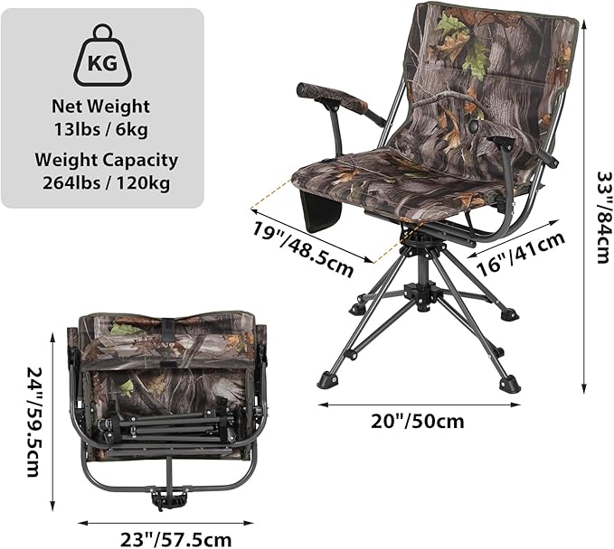 REDCAMP 360° Swivel Heated Hunting Chairs for Ground Blinds, Portable Folding Camo Camping Chairs for Adults Hunting Seats with Hard Arms for Fishing Camping(No Power Bank)