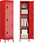 Aobabo 16" W 3 Door Metal Storage Locker with Lock, 66" H Steel Locker with Name Card Holder and Metal Hook for School, Home, Office, Playroom, Assembly Required, Red