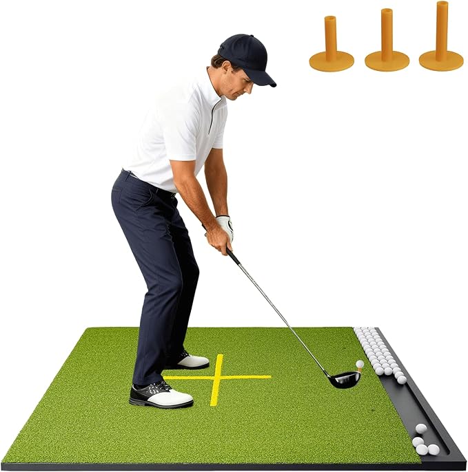Golf Mat Indoor Outdoor with Stance Guide Cross-Line, 5x4ft & 6x4ft, 26mm & 31mm Thickness Green Turf Practice Mats for Hitting Training Swing, for Men, Dad, Husband & Golf Lovers