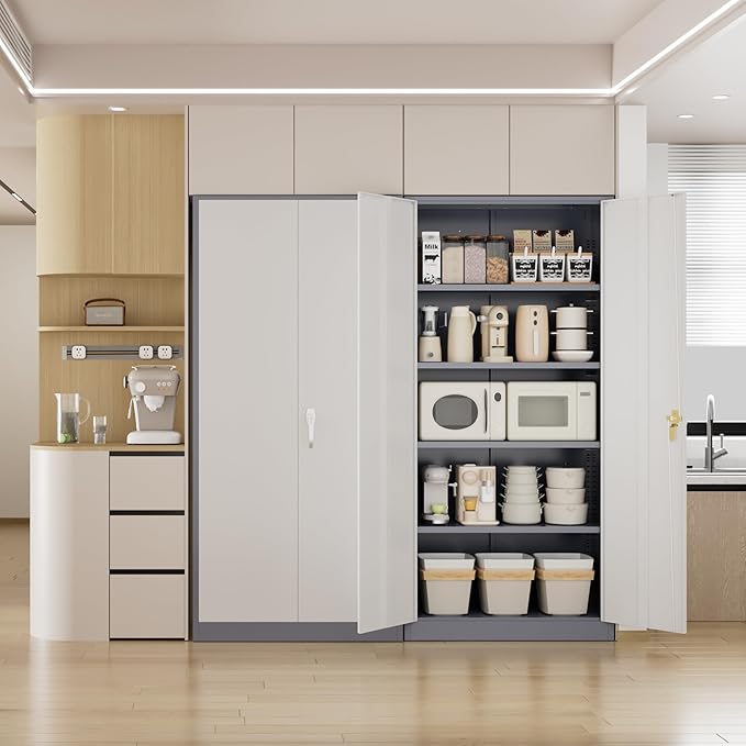 Pataku Metal Storage Cabinet, 72" Garage Cabinet with Doors and Shelves Lockable Steel Multifunctional Cabinets, File Cabinets for Home, Office, Garage, Warehouse(White Grey)