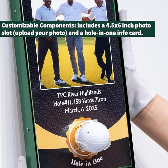 Green Acrylic Perfect Shot Golf Ball Display Case Frame, 6.3x12.2 Inch Vertical Design with Custom Name, Photo, and Details, Art Print Background, Acrylic Ball Holder (Golf Ball Not Included)