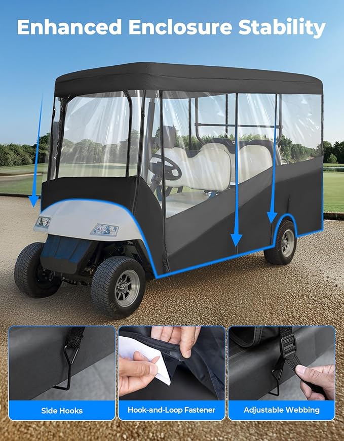 KEMIMOTO Golf Cart Enclosure, 4&6 Passenger Golf Cart Rain Cover, 600D Waterproof Driving Enclosure with Clear PVC Windshield for Extended Roof Cart
