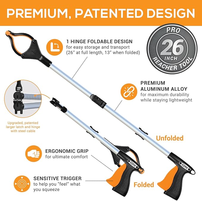 EZPIK® Grip Aid Tool Grabber Reacher + Magnets - Grabbers for Seniors, Trash Picker Upper Grabber - Trash Grabber Tool- Reacher Grabber Pickup Tool (Silver, 26" (Pack of 2))