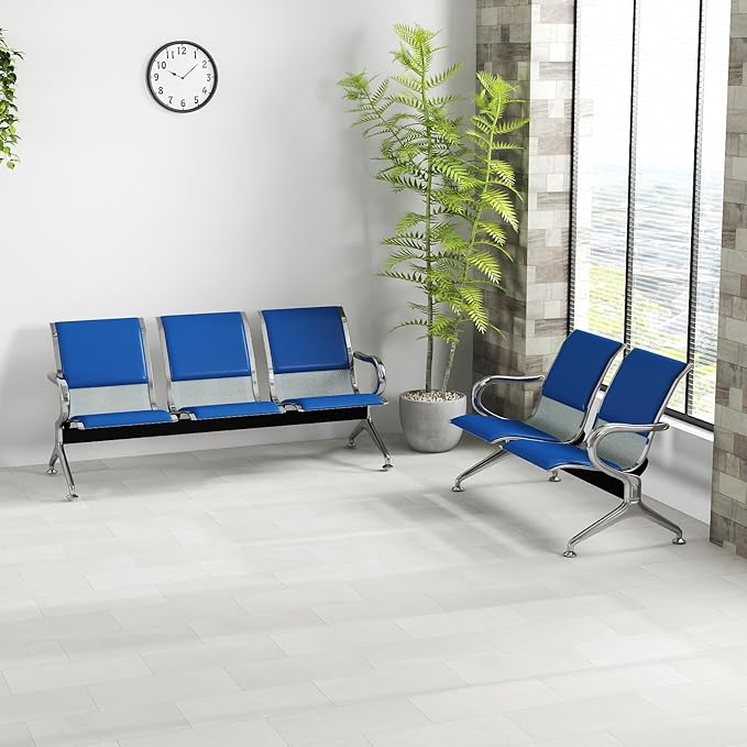 Kinfant Blue 5-Seat Waiting Room Chairs with Arms – Heavy-Duty Steel Frame PU Leather Back & Cushioned Seat, Ergonomic Office Reception Guest Chair for Lobby, Clinic, Airport