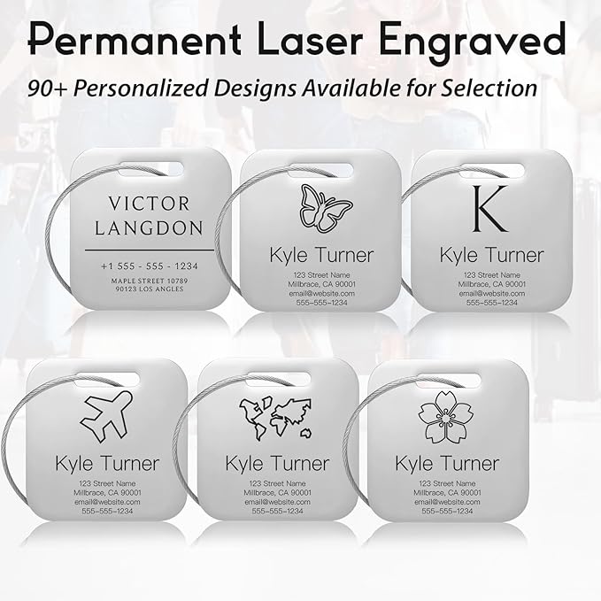 Customized Stainless Steel Luggage Tags: Personalize Your Suitcases, Backpacks, and Bags with Your Text (Silver)