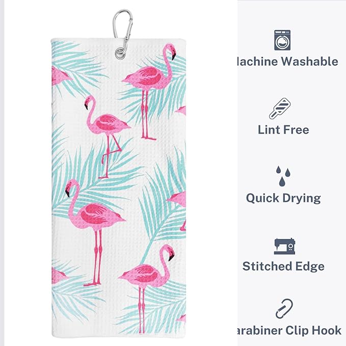 Microfiber Golf Towels for Golf Bags & Carts - Premium Weave Waffle & Ball Towels with Carabiner Clip, Essential Accessories for Men, Women and Kids, Golfer Gifts, Set of 2 (Flamingo Tropics)
