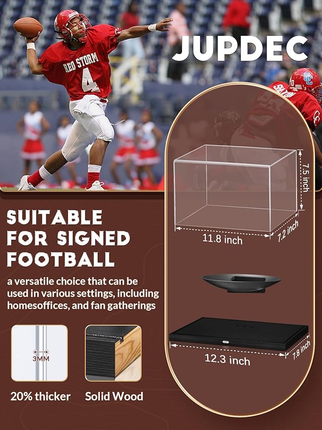 JupDec Football Display Case Full Size, Upgraded Clear Acrylic Box with Curved Cradle Holder & Solid Wood Base, Fits All Football Sizes, UV Protected Memorabilia Display for Collectors, Black