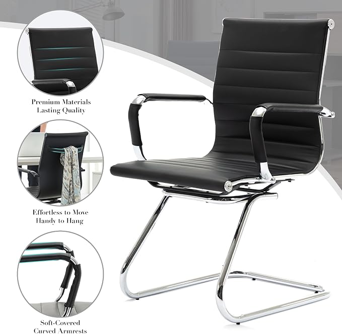 CIMOTA Waiting Room Chairs Leather Office Guest Chair Mid Back Reception Chairs with Sled Base for Meeting/Patient/Conference Room, Black Set of 6