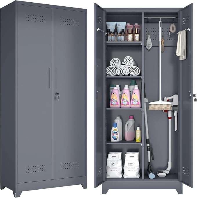 GREATMEET 72.8" H Utility Closet, Broom Closet Storage Cabinet with Adjustable Shelves and Pegboard, Utility Cabinet for Brooms and Mops, Grey