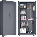 GREATMEET 72.8" H Utility Closet, Broom Closet Storage Cabinet with Adjustable Shelves and Pegboard, Utility Cabinet for Brooms and Mops, Grey