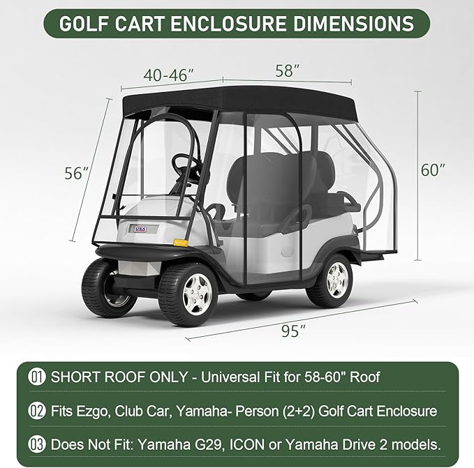 Rosefray Golf Cart Enclosure - 2+2 Drivable Rain Cover for Short Roof 58" EZGO, Club Car - Durable Door Zipper, 4-Sided Clear Windows (4 Seater)