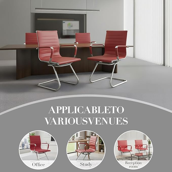 CIMOTA Waiting Room Chairs Leather Office Guest Chair Mid Back Reception Chairs with Sled Base for Meeting/Patient/Conference Room, Red Set of 2