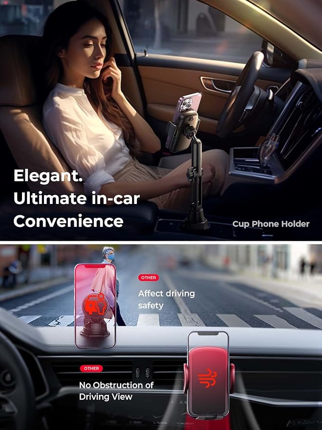 LISEN Cup Phone Holder for Car [Upgraded Version] Long Neck 360° Adjustable Car Accessories for Women Thick Cases Friendly for iPhone 16e 16 15 14 13 Pro Max Samsung S25 All 4-7'' Phone, Silver