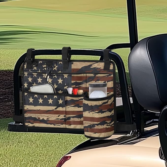 American Flag Golf Cart Bag, Golf Cart Rear Seat Organizer with Open Pockets for Golf Balls & Bottles