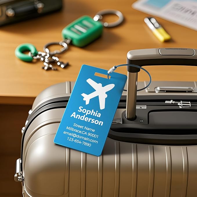 4 Personalized Metal Luggage Tags for Suitcase, Laser Engraved with Text and Logo, Custom Aluminum Name Tags with Stainless Steel Ring, for Travel, Golf Bag, and Baggage (Black)
