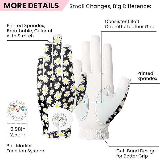 FINGER TEN Stylish Golf Gloves Women with Ball Marker 1 Pack for Left or Right Hand, Breathable Glove with Fashion Patterns for Ladies Right Left Handed Golfer