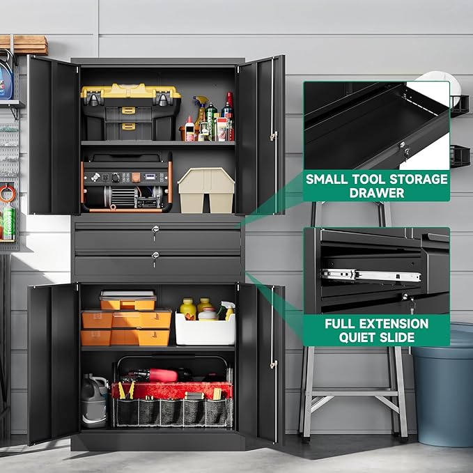 Letaya Metal Garage Storage Cabinet,71" Heavy Duty Steel Tool Cabinet with 4 Door Lock-Adjustable Shelves and 2 Drawer for Garage Home Office Utility Room (Black)