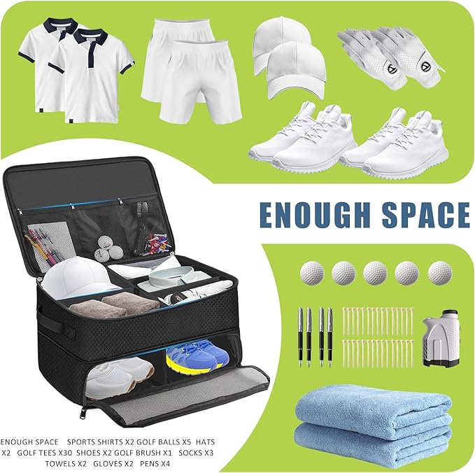Golf Trunk Organizer, 2 Layer Golf Storage Bag, Waterproof Car Golfer Organizers with Ventilation Compartment for 2 Pairs Shoes, Balls, Clothes, Tees, Gloves, Accessories, Gifts for Men Women