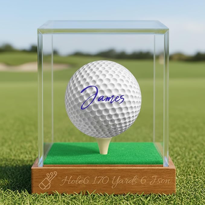 Personalized Golf Ball Display Case for Hole in One - Custom Engraved Golf Ball Memorabilia Display Box with UV Protective Acrylic Cover & Elegant Designs for Golfers Husband Father