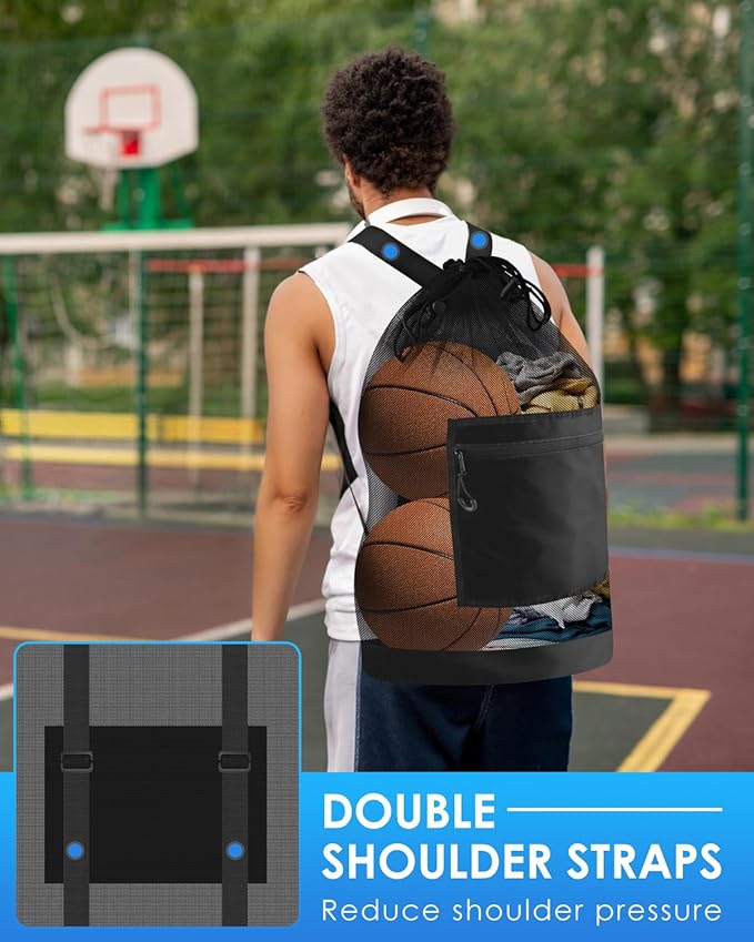 BROTOU Soccer Ball Bag with Double Shoulder Strap Large Mesh Sports Equipment Net Bag with Top Handle Heavy Duty Drawstring Bags Team Work for Basketball, Volleyball, Baseball, Swimming Gear