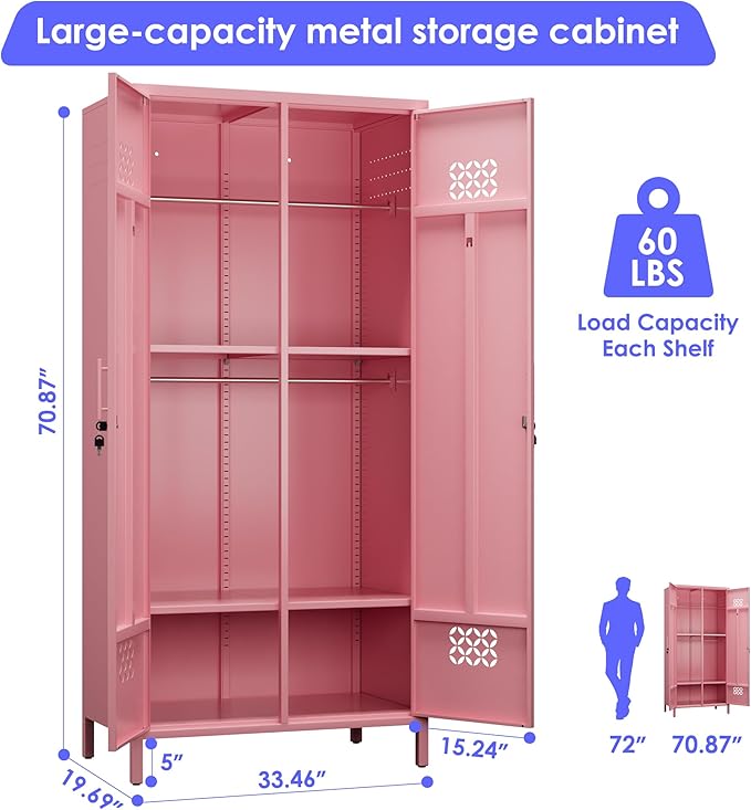 METAN 2 Door Metal Storage Lockers for Employees, Lockable Steel Storage Lockers with Hanger and Adjustable Shelves,Assembly Required,Pink