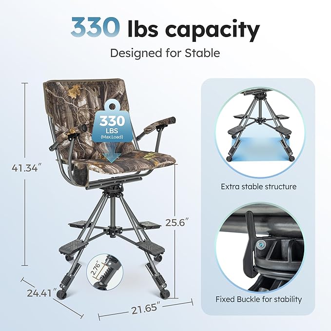 LET'S CAMP Folding Hunting Chair for Blinds 360 Degree Silent Swivel, 330LBS Capacity Portable Padded Cushion Hunting Seat with Armrest, 4 Legs Adjustable Height, Shoulder Strap, Cup Holder-CAMO