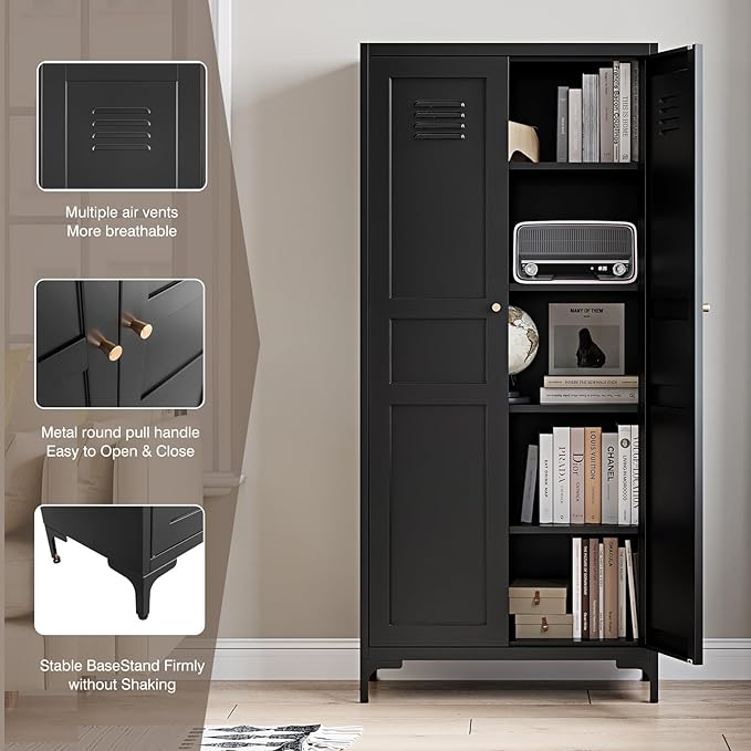 Yizosh Metal Pantry Cabinet,Tall Kitchen Pantry Storage Cabinet with Doors and Adjustable Shelves - 61" Black Cupboard Cabinet for Kitchen, Living Room,Dining Room,Home