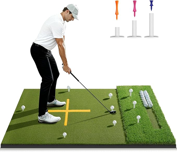 5.2x4ft & 6x4ft 21mm-45mm Dual-Turf Golf Mat with Ball Tray, Thickened Golf Hitting Mat with 9 Hitting Holes, Alignment Aid Practice Mat for Hitting, Driving Chipping, Swinging, Gifts for Men/Dad/Him
