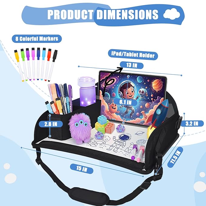 Upgraded Kids Travel Tray for Airplane - Toddler Car Seat Table Tray, Road Trip Essentials for Boys & Girls, Carseat Lap Desk for Kids Road Trip Activities, Black - 2 PCS