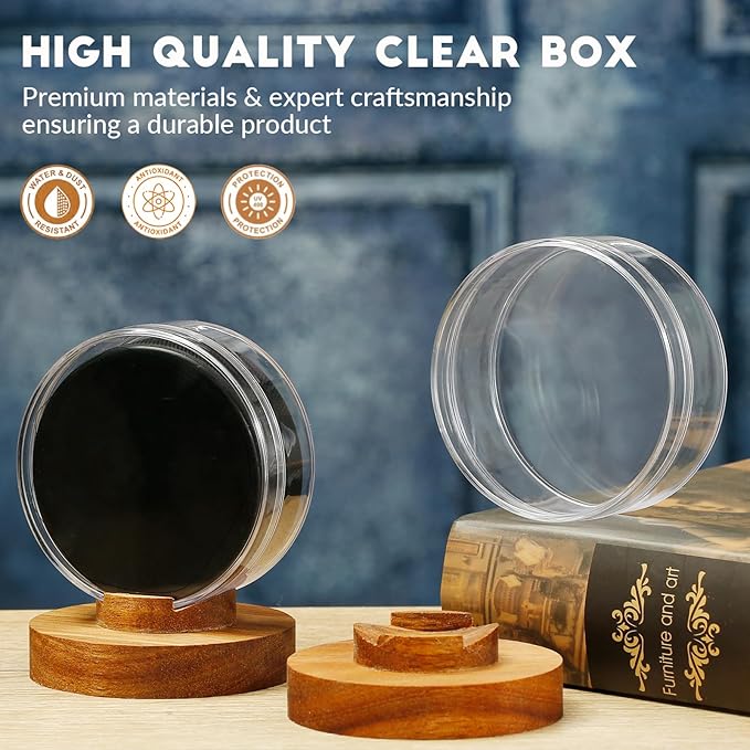 JupDec Hockey Puck Display Case Acrylic Clear Holder with Wood Base, Autograph Souvenir Display Stand, Perfect Showcase for Your Collection, Brown, 2 Pack