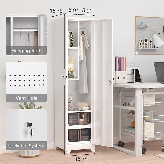 GREATMEET Broom Closet Storage Cabinet, Metal Utility Cabinet, Tall Laundry Room Cabinet, Slim Storage Cabinets for Laundry, Living Room, Office, White