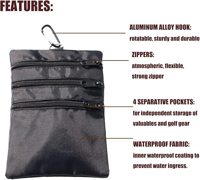 Golf valuables Pouch, Zipper Golf Ball Bag with 4 Pockets, Golf Accessories Pouch for Storing Balls,tees,Mobile Phone,Keys, Cards and Cash, Great Gift for Golfers
