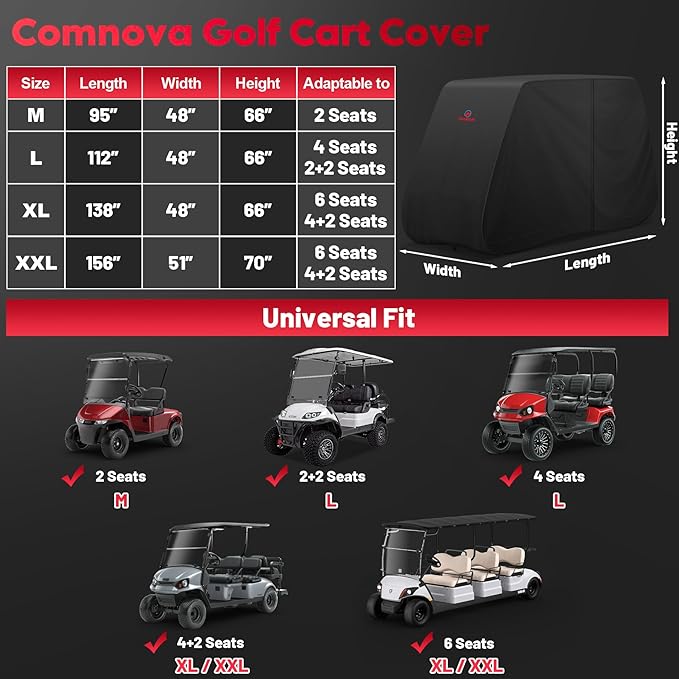 Comnova Golf Cart Cover 6 Passenger - 600D Waterproof Golf Carts Enclosure with Zipper, Windproof & UV Resistant, Outdoor Golf Cart Cover Universal Fit EZGO, Club Car, Yamaha up to 138"L x 48"W x 66"H