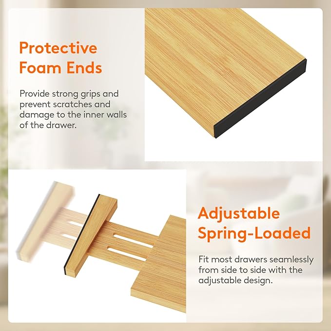 Lifewit 5 Pack 4" High Bamboo Drawer Dividers, 12-16" Adjustable Drawer Organizers for Clothes, Wood Dresser Drawer Divider, Expandable Deep Drawer Separators for Dresser, Kitchen, Bedroom, Bathroom
