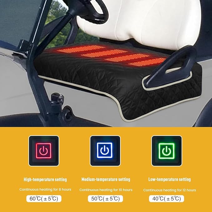 Universal Heated Golf Cart Seat Cover - Waterproof Golf Cart Heater Accessory w/ 4-Zone Warmth, 3 Heat Levels, USB/Type-C & 12V Plug for EZGO/Yamaha/Club Car (Black)