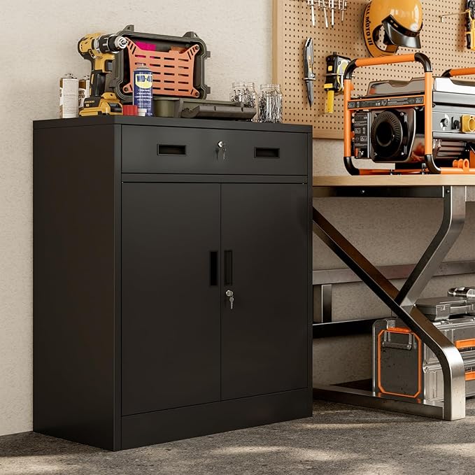 BESFUR 36" H Metal Cabinet with Lockable Drawer and 2 Lockable Doors, Black Locking Cabinet with Adjustable Shelf, Lockable Storage Cabinet for Home Office, Garage,School, Warehouse, Utility Room
