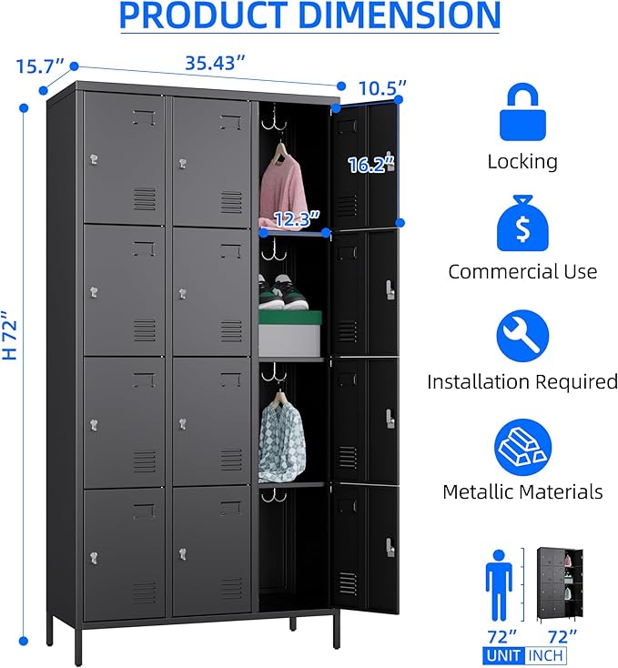 METAN Metal Locker for School Office Gym Bedroom, 12 Doors Black Steel Storage Locker Cabinet for Employees, Industrial Storage Locker, Assembly Required (12 Door-Black)