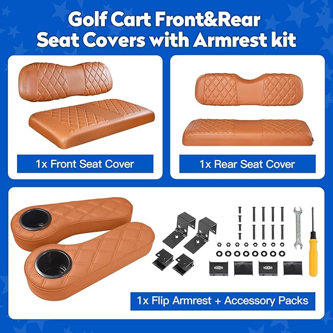 NOKINS Golf Cart Seat Covers for Club Car DS 2000.5-Up, Vinyl Front&Rear Seat Cover with Flip-Up Armrests kit, with Cup Holder, for 1" Square Tube (All Brown)