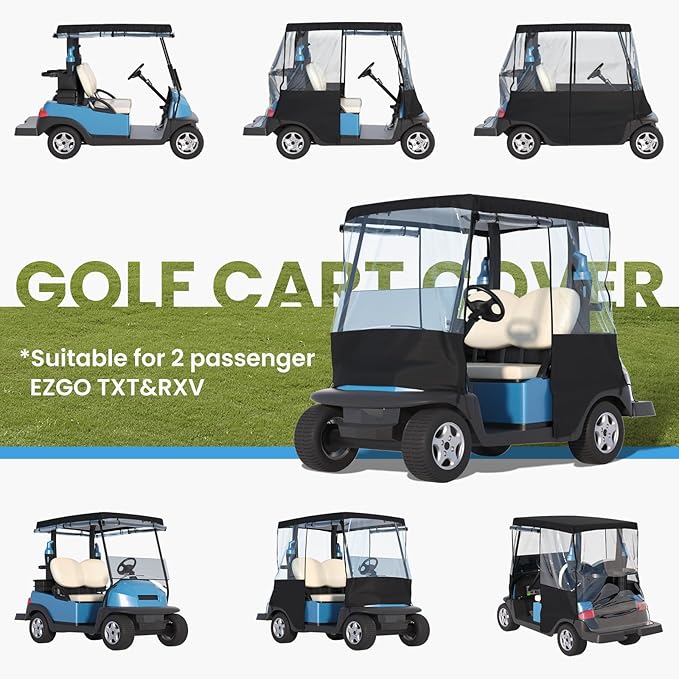 Golf Cart Cover, For 2 Seater, Driving Use, 4 Sides Rolled Up, Waterproof, Windproof, Dustproof, 600D Waterproof Oxford Cloth, Super Transparent EVA, For Club Car Precedent/Tempo/ Onward, EZGO