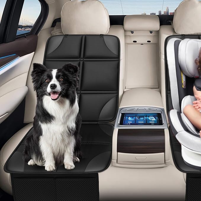 Car Seat Protector for Child, Thick Padding Seat Protector Under Baby, 600D Waterproof Non-Slip Fabric for Child and Pet with Pockets (Black 2 pcs)