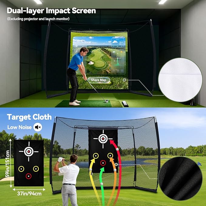Golf Net with Simulator Impact Screen and Target Cloth, 10x8ft Golf Practice Net for Backyard, Portable Heavy Duty Golf Hitting Net for Outdoor Indoor