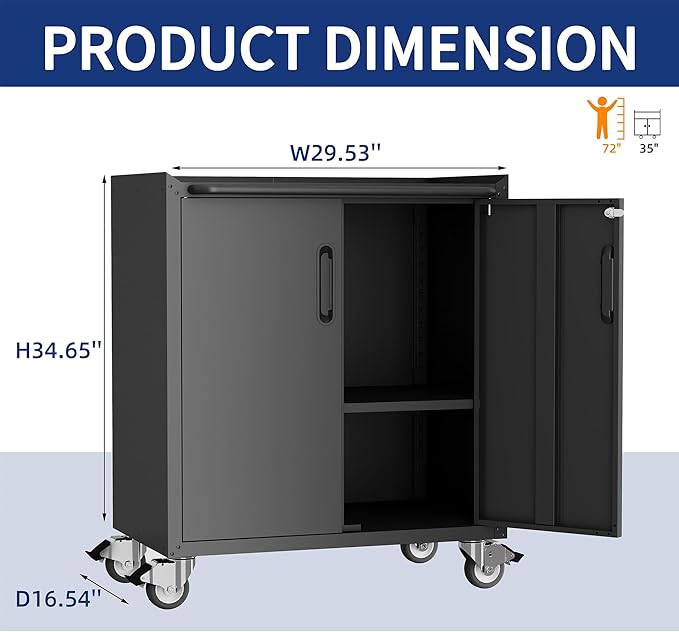 Metal Tool Cabinet,Garage Storage Cabinet System,Wall Cabinet & Locking Rolling Tool Cabinet with Doors and Adjustable Shelves,Steel Tool Cabinets for Home (2 Pcs-StyleC, Black)